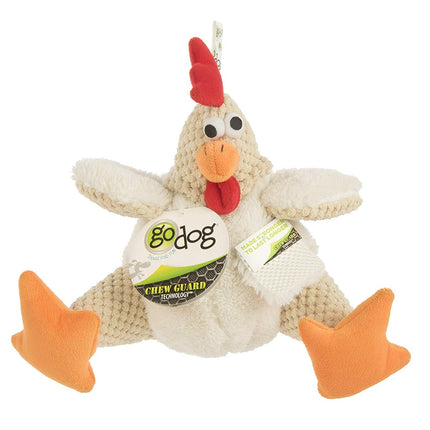 GoDog Checkers - Fat Rooster Chew Guard Squeaky Plush Dog Toy White