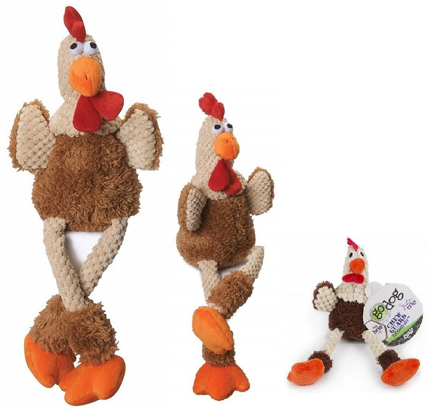 GoDog Checkers - Skinny Rooster Chew Guard Squeaky Plush Dog Toy Brown