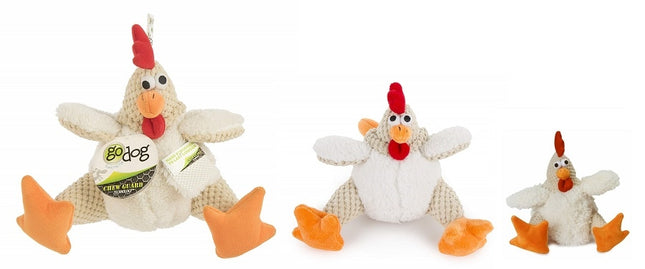 GoDog Checkers - Fat Rooster Chew Guard Squeaky Plush Dog Toy White