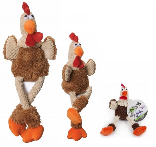 GoDog Checkers Skinny Rooster Chew Guard Squeaky Plush Dog Toy Brown